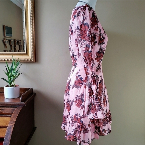 Talulah Pink Floral Long Puff Sleeve Take A Chance Ruffled Mini Dress Size Large - Picture 4 of 11